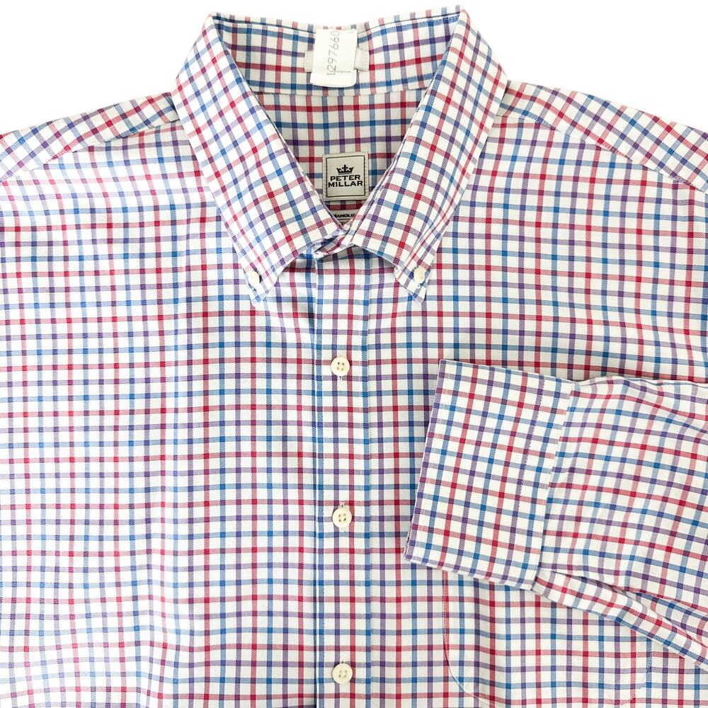 Peter Millar Button Down White Purple Red Blue Checks Shirt - XL